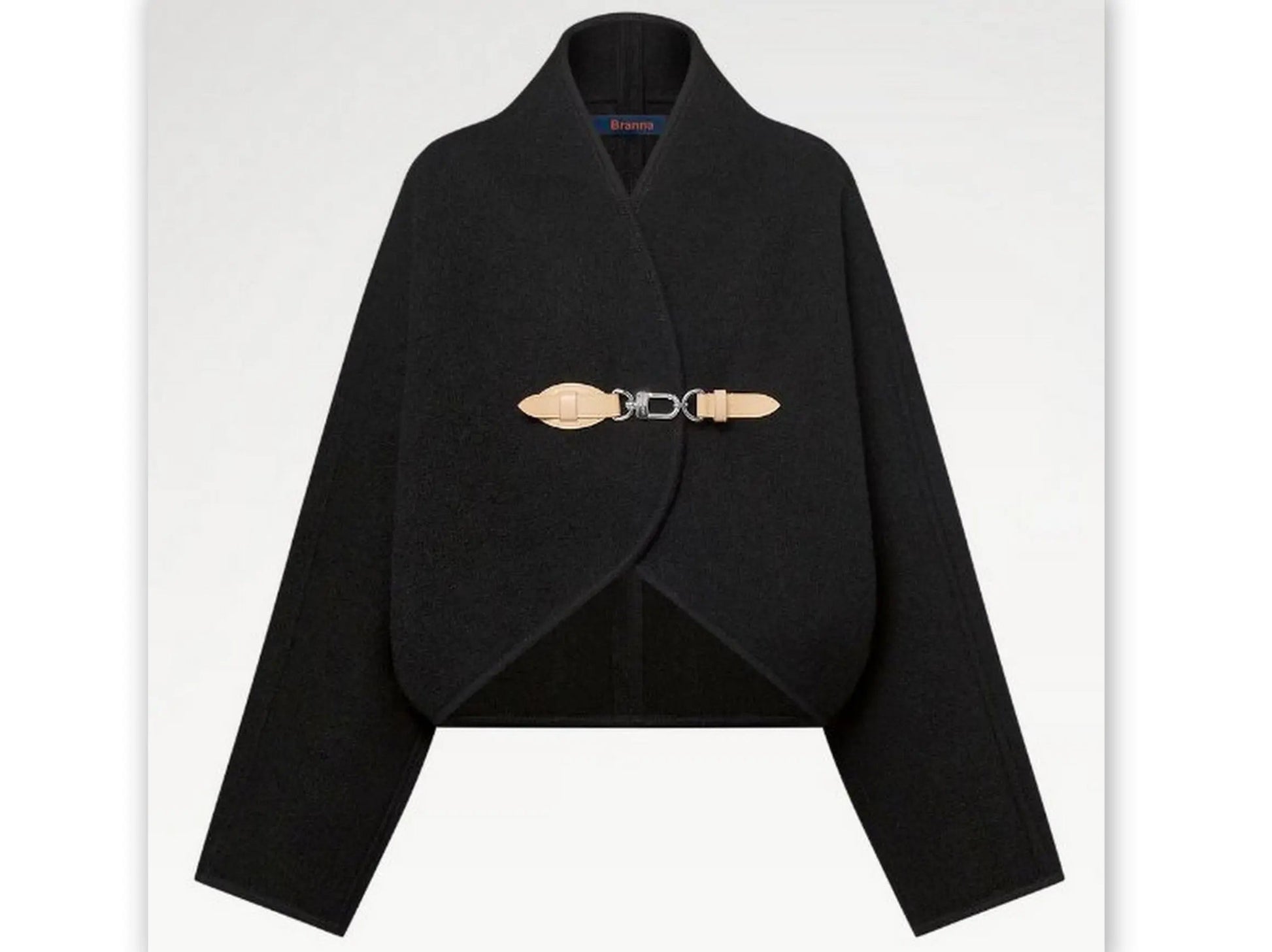 Black Wool Cardigan Jacket with Front Leather and Metal Clip Closure - Jackets