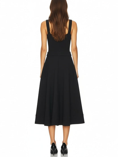 Black Wool Midi Dress with Gold Button Waist - Dresses