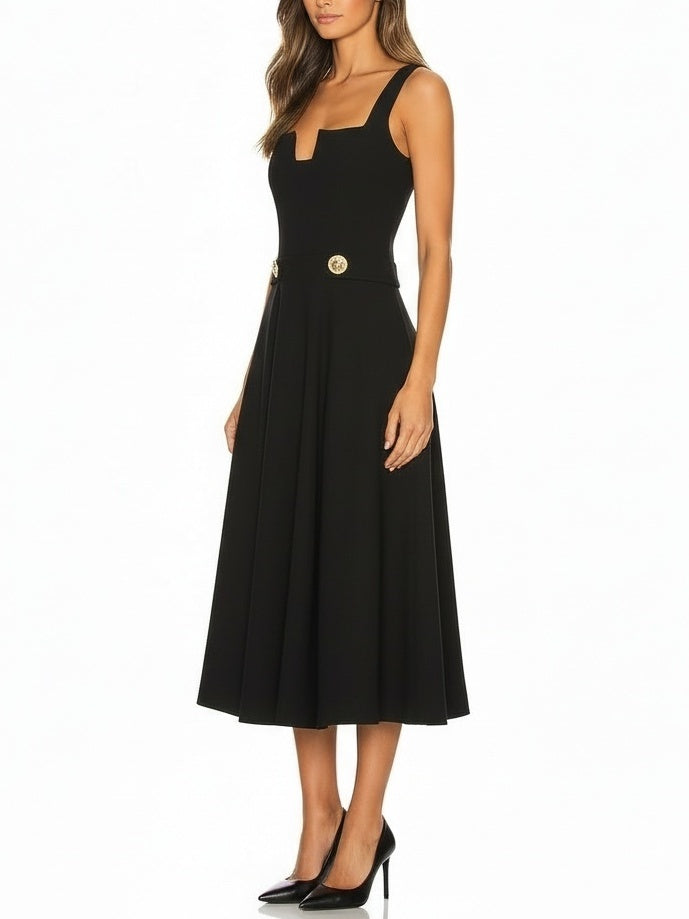 Black Wool Midi Dress with Gold Button Waist - Dresses