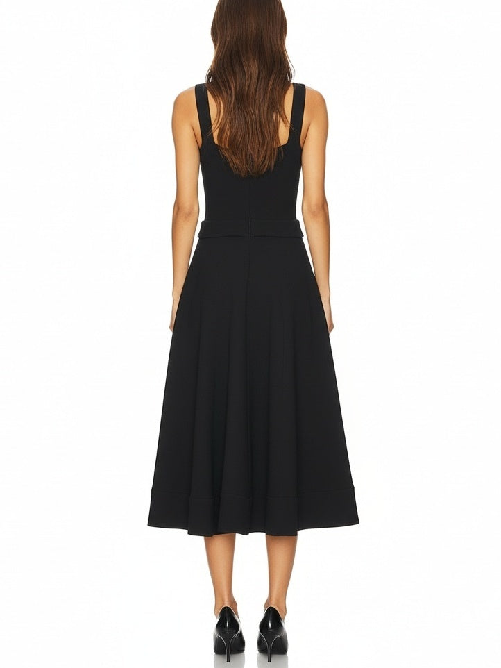 Black Wool Midi Dress with Gold Button Waist - Dresses