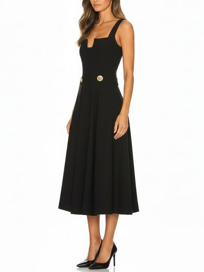 Black Wool Midi Dress with Gold Button Waist - Dresses