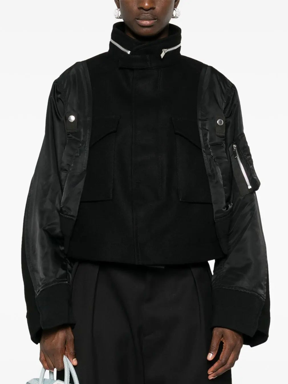 Black Zip-Collar Contrast-Panel Felt and Shell Jacket - Jackets