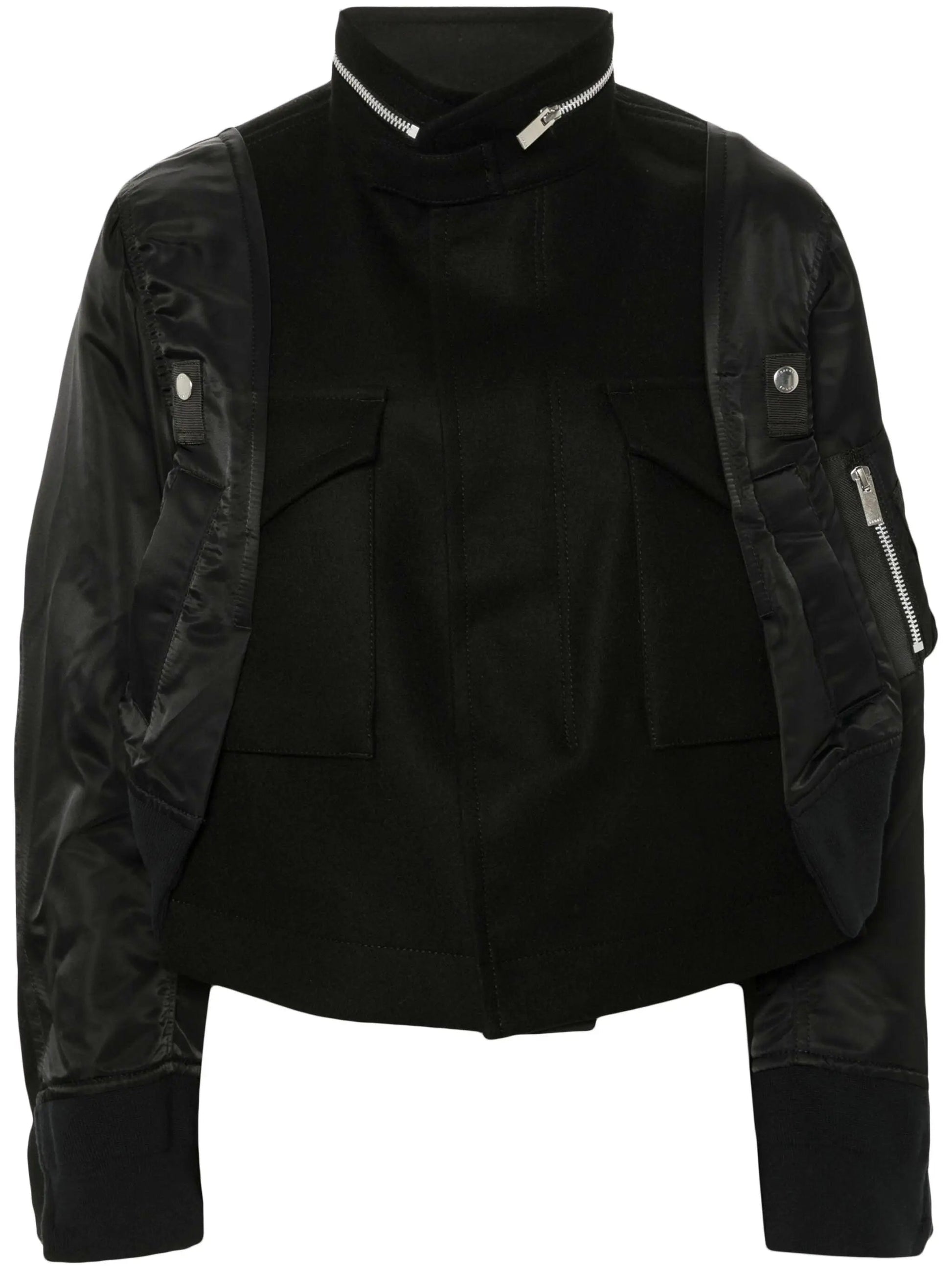 Black Zip-Collar Contrast-Panel Felt and Shell Jacket - Jackets