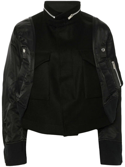 Black Zip-Collar Contrast-Panel Felt and Shell Jacket - Jackets