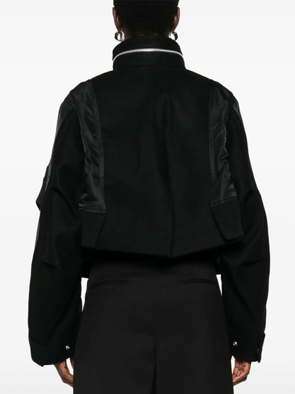 Black Zip-Collar Contrast-Panel Felt and Shell Jacket - Jackets