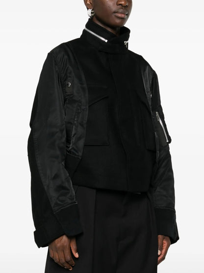 Black Zip-Collar Contrast-Panel Felt and Shell Jacket - Jackets