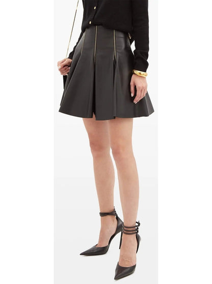 Black Zip-Embellished Pleated Leather Mini Skirt - Skirts