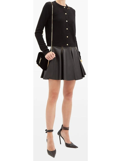 Black Zip-Embellished Pleated Leather Mini Skirt - Skirts