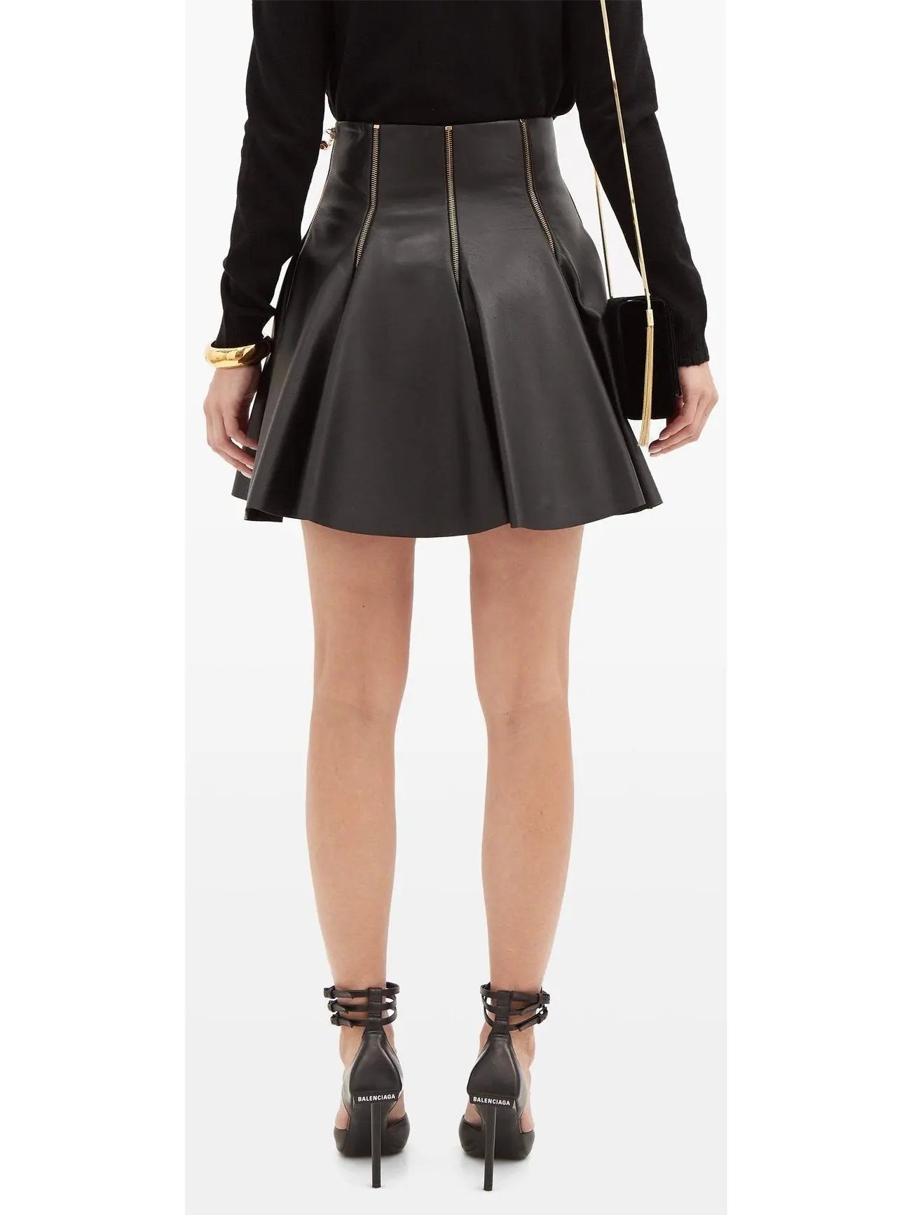 Black Zip-Embellished Pleated Leather Mini Skirt - Skirts