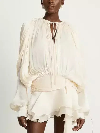 Blouson Pleated Tie-Neck Wrap Mini Tunic Dress - Dresses