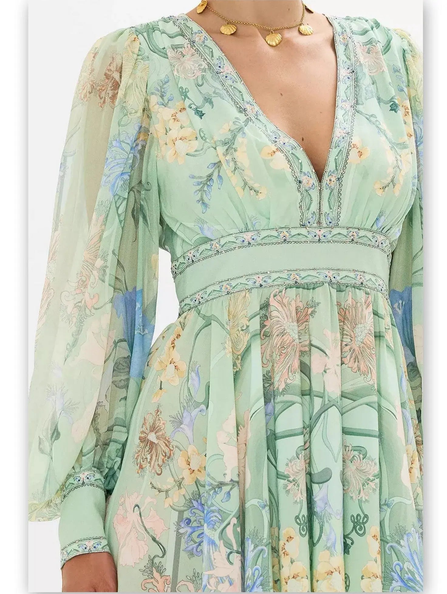 Blouson-Sleeve Printed Plunged V-Neck Silk Mini Dress in Mint - Dresses