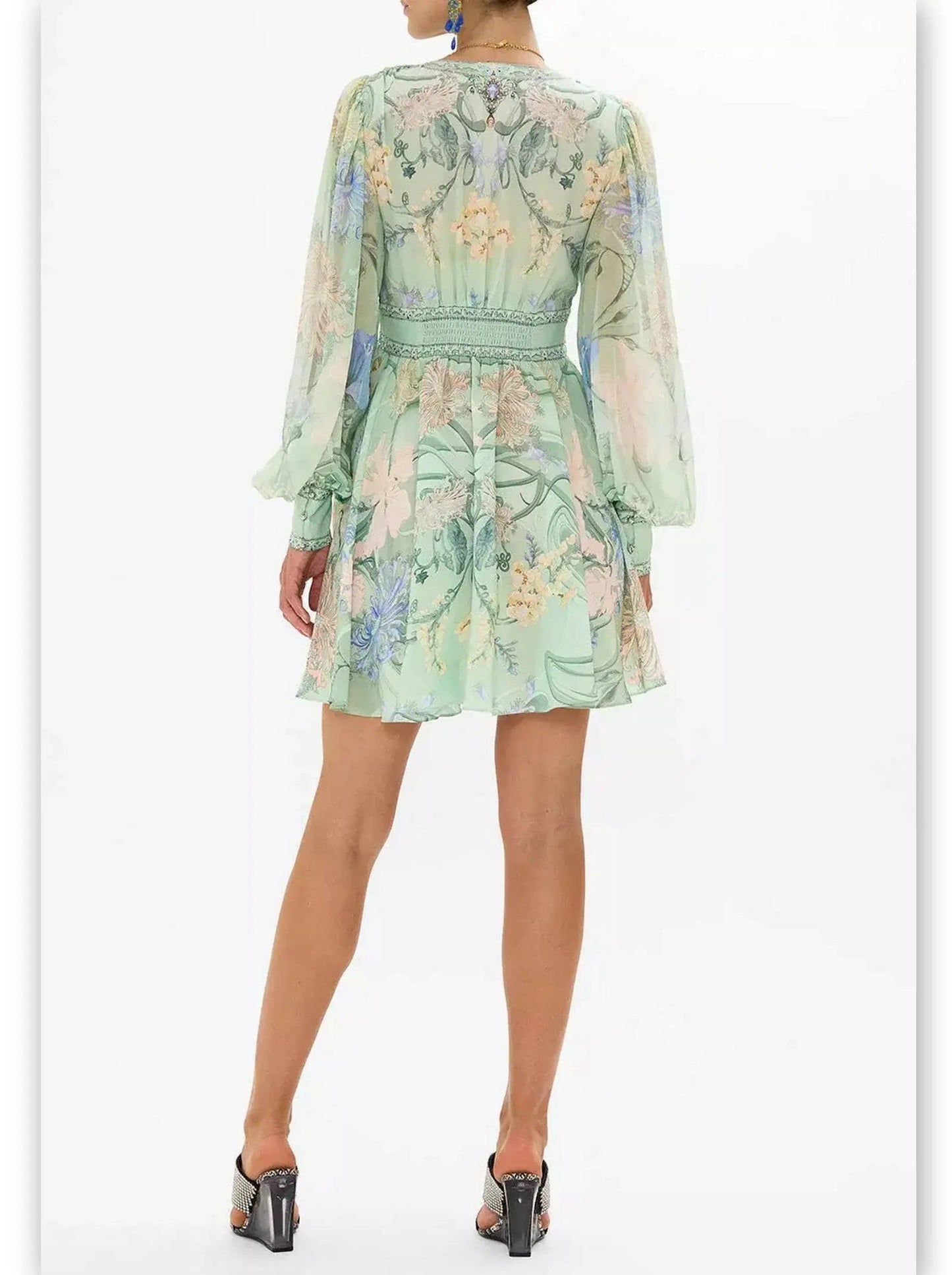 Blouson-Sleeve Printed Plunged V-Neck Silk Mini Dress in Mint - Dresses