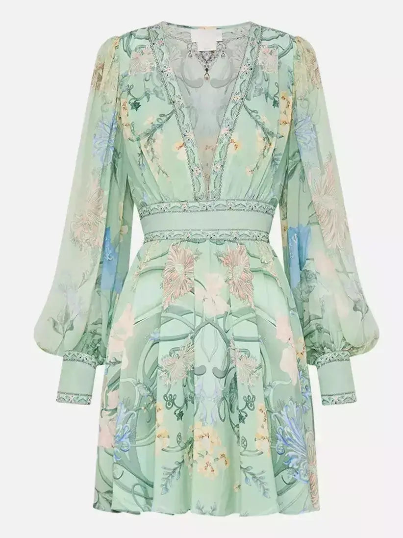 Blouson-Sleeve Printed Plunged V-Neck Silk Mini Dress in Mint - Dresses