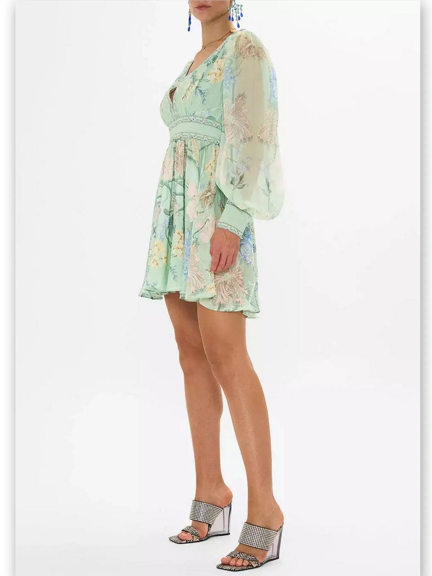 Blouson-Sleeve Printed Plunged V-Neck Silk Mini Dress in Mint - Dresses