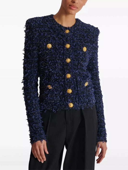 Blue and Black Tweed Knit Cardigan Jacket with Gold Buttons - Jackets