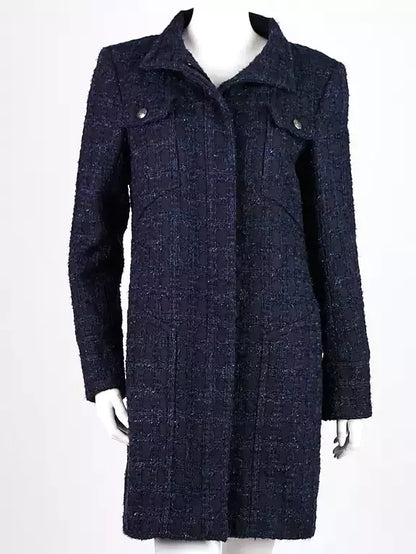 Blue and Navy Tweed Acrylic Coat - Coats