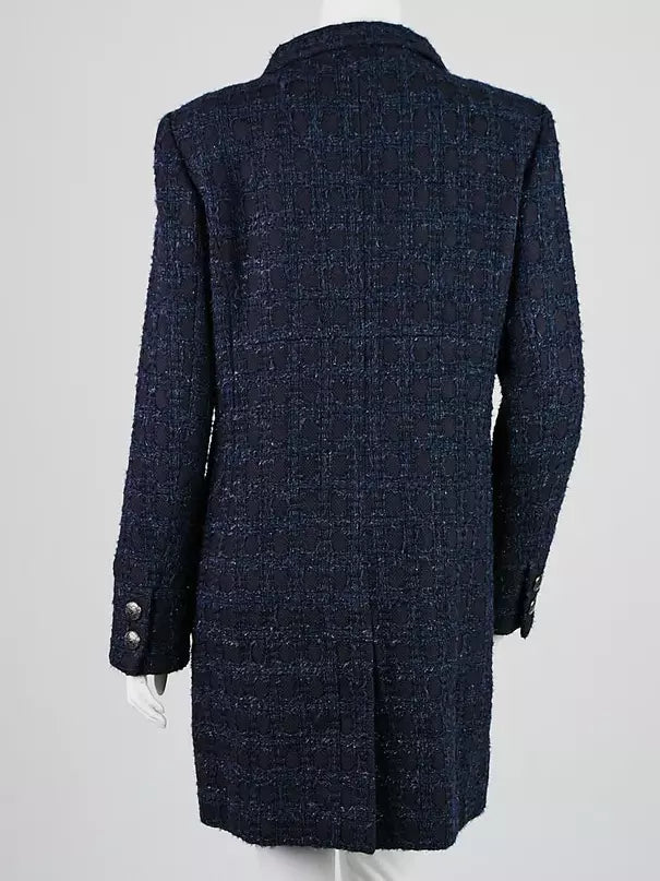 Blue and Navy Tweed Acrylic Coat - Coats