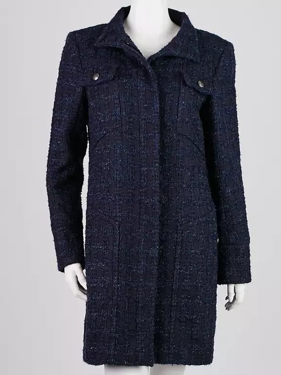 Blue and Navy Tweed Acrylic Coat - Coats