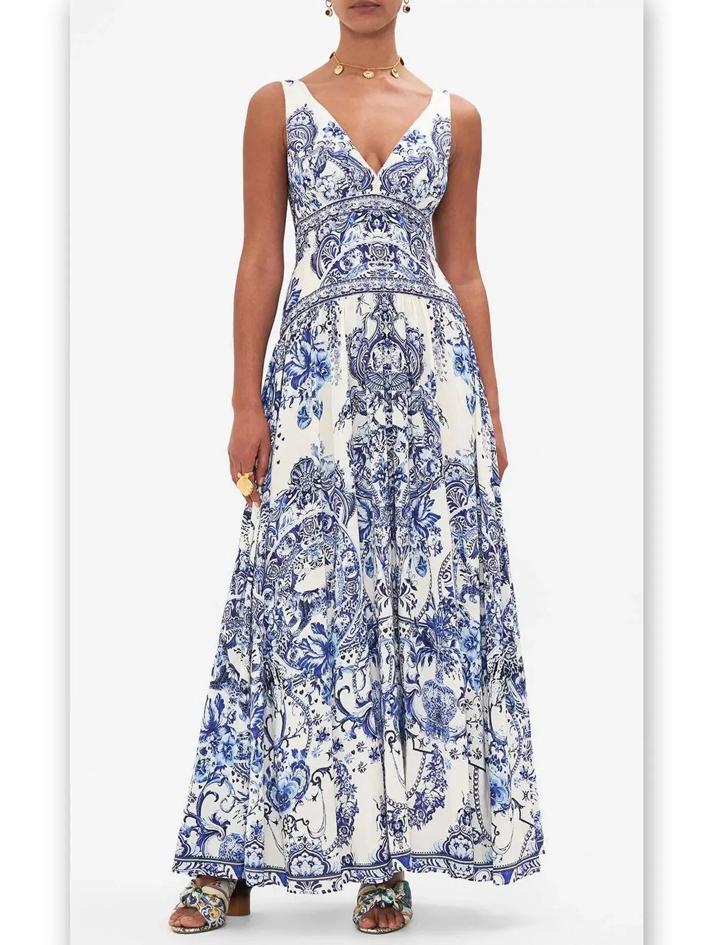 Blue and White Porcelain Print Tie-Shoulder Silk and Linen Maxi Dress - Dresses