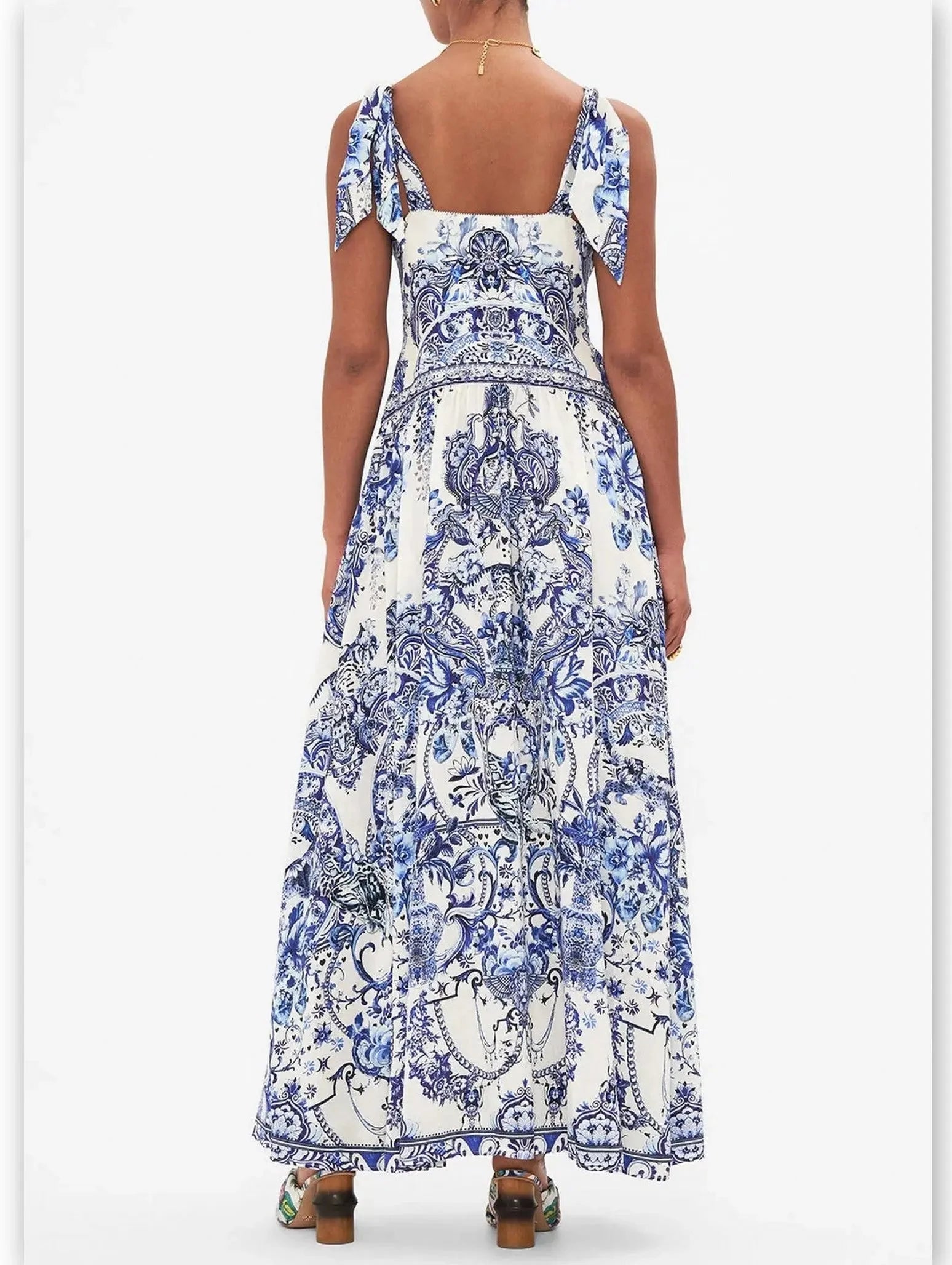 Blue and White Porcelain Print Tie-Shoulder Silk and Linen Maxi Dress - Dresses