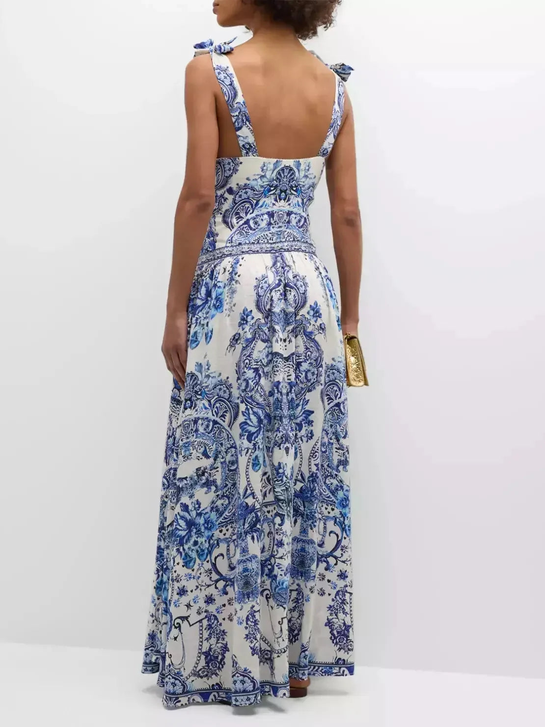 Blue and White Porcelain Print Tie-Shoulder Silk and Linen Maxi Dress - Dresses