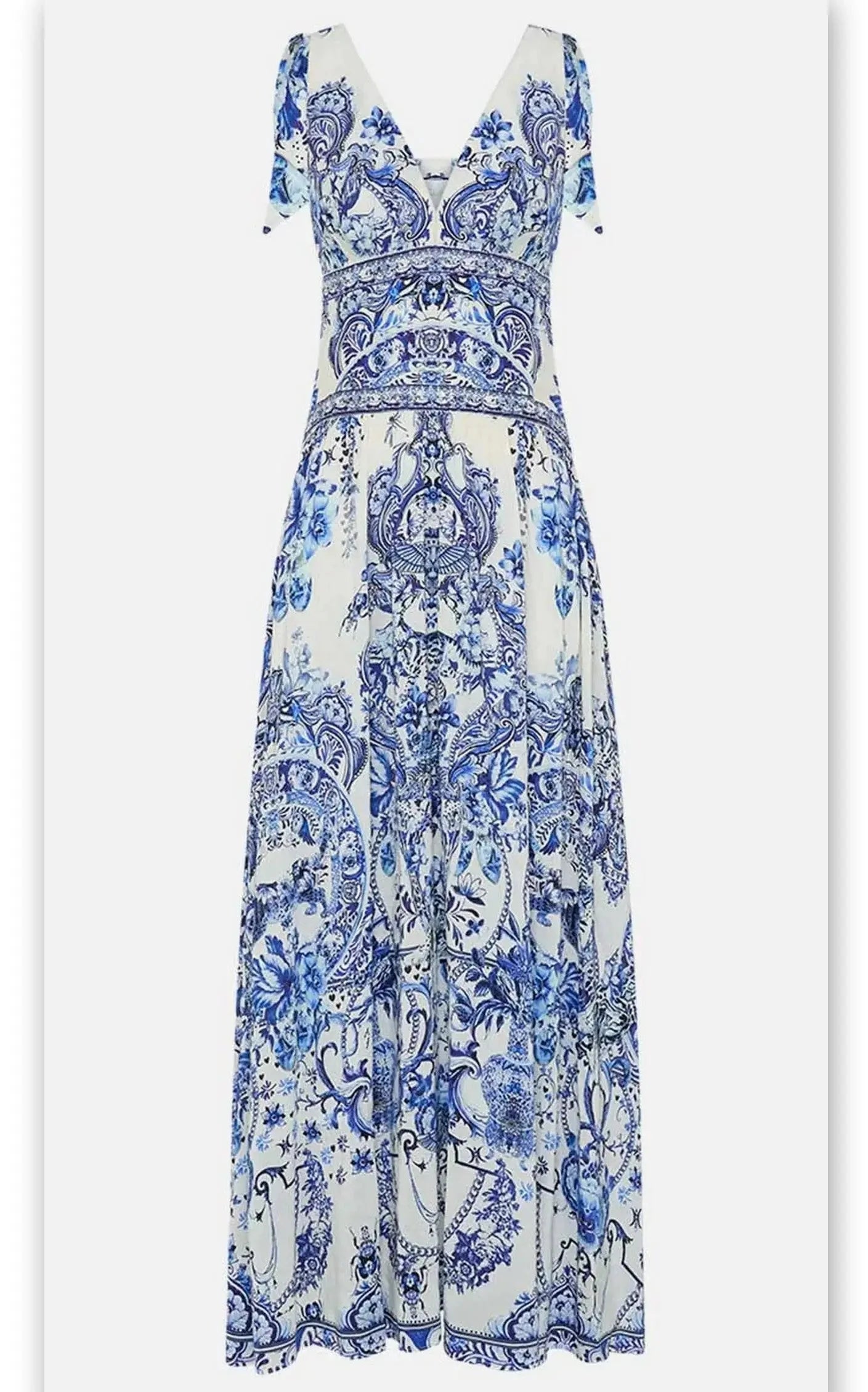 Blue and White Porcelain Print Tie-Shoulder Silk and Linen Maxi Dress - Dresses