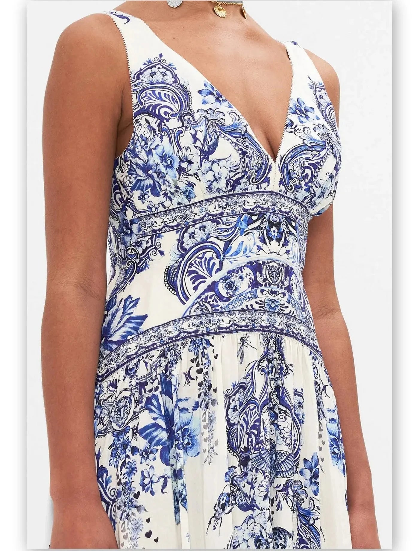 Blue and White Porcelain Print Tie-Shoulder Silk and Linen Maxi Dress - Dresses