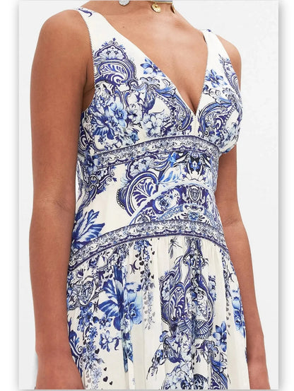 Blue and White Porcelain Print Tie-Shoulder Silk and Linen Maxi Dress - Dresses