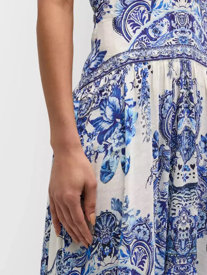 Blue and White Porcelain Print Tie-Shoulder Silk and Linen Maxi Dress - Dresses