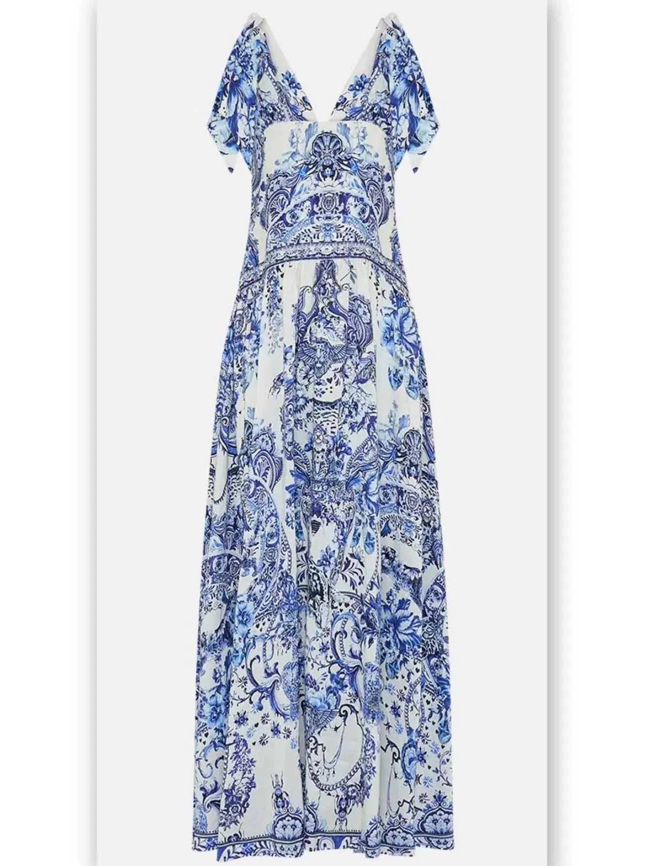 Blue and White Porcelain Print Tie-Shoulder Silk and Linen Maxi Dress - Dresses