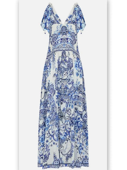 Blue and White Porcelain Print Tie-Shoulder Silk and Linen Maxi Dress - Dresses