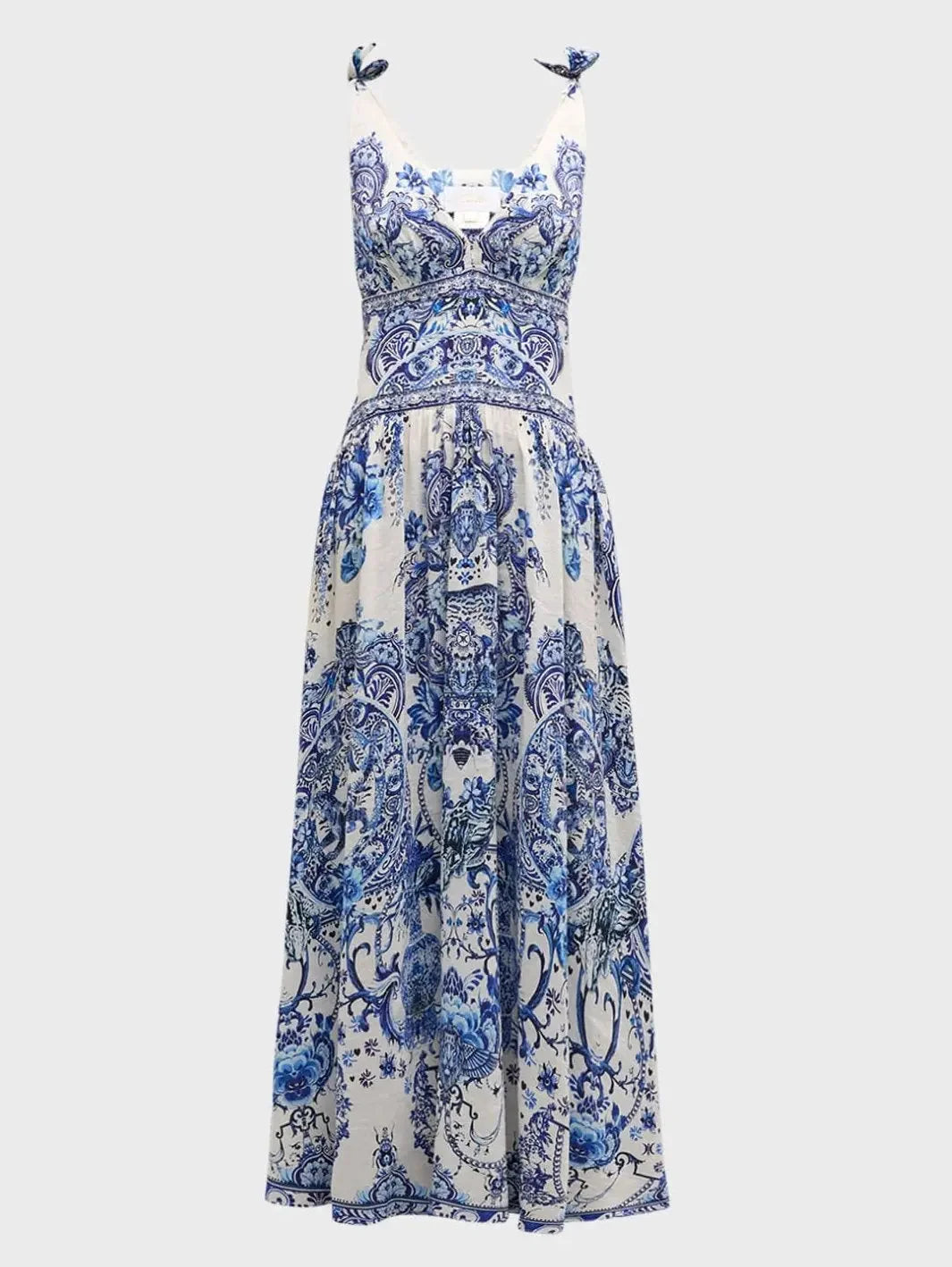 Blue and White Porcelain Print Tie-Shoulder Silk and Linen Maxi Dress - Dresses