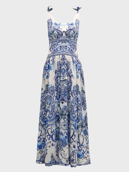 Blue and White Porcelain Print Tie-Shoulder Silk and Linen Maxi Dress - Dresses