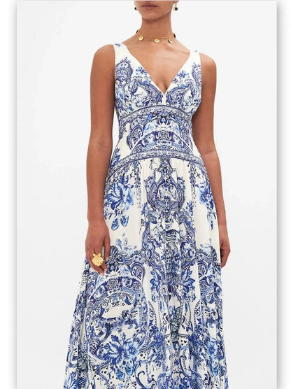 Blue and White Porcelain Print Tie-Shoulder Silk and Linen Maxi Dress - Dresses