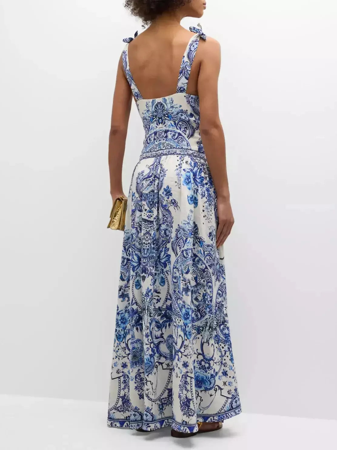 Blue and White Porcelain Print Tie-Shoulder Silk and Linen Maxi Dress - Dresses