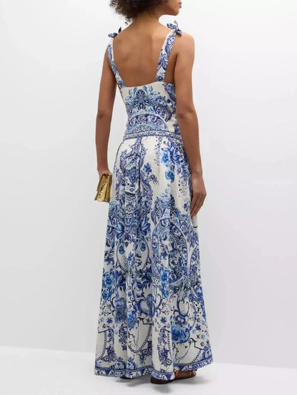 Blue and White Porcelain Print Tie-Shoulder Silk and Linen Maxi Dress - Dresses