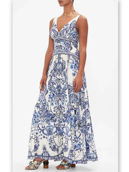 Blue and White Porcelain Print Tie-Shoulder Silk and Linen Maxi Dress - Dresses