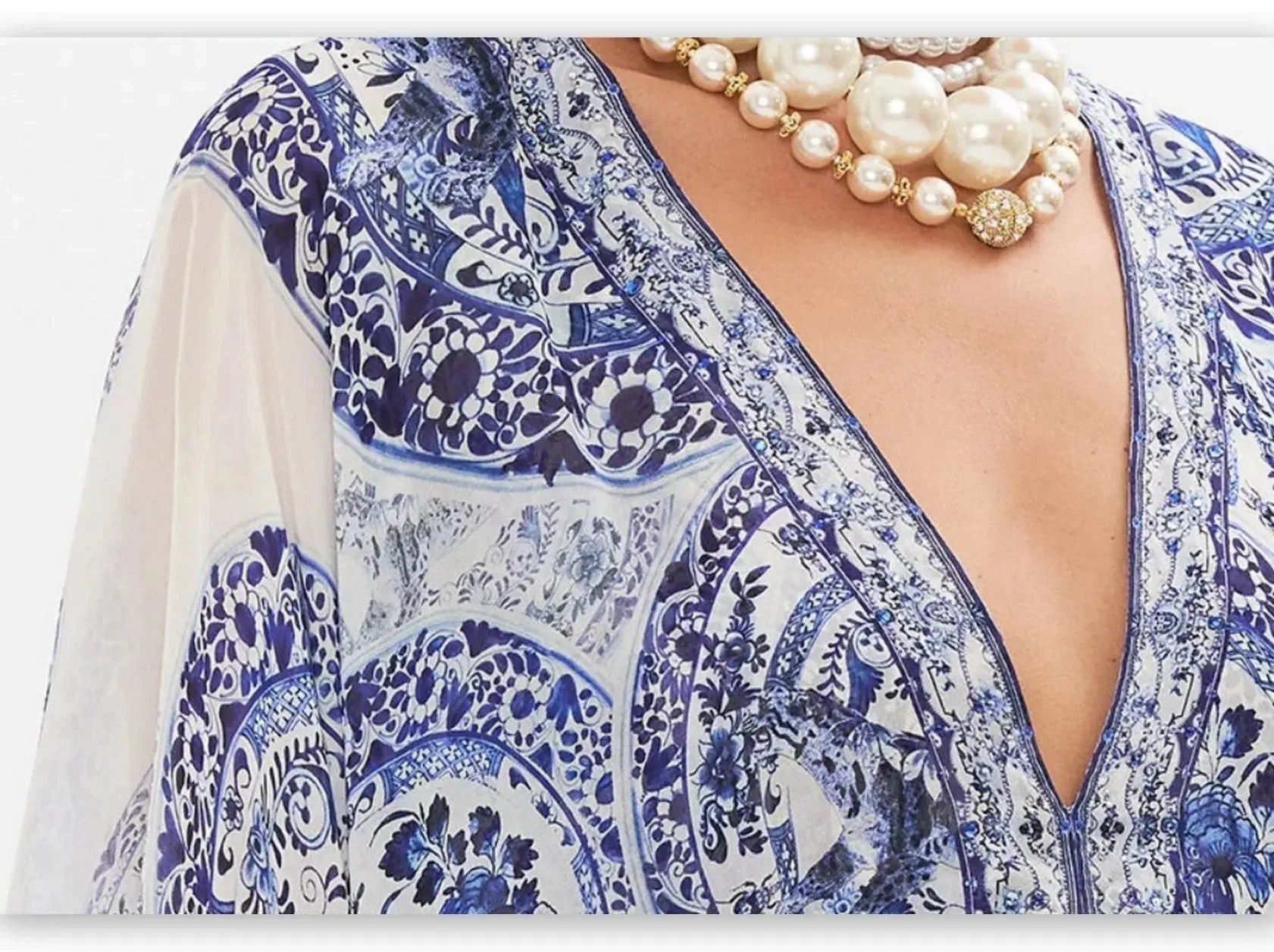 Blue and White Porcelain Print V-Neck Silk Kaftan Dress - Dresses