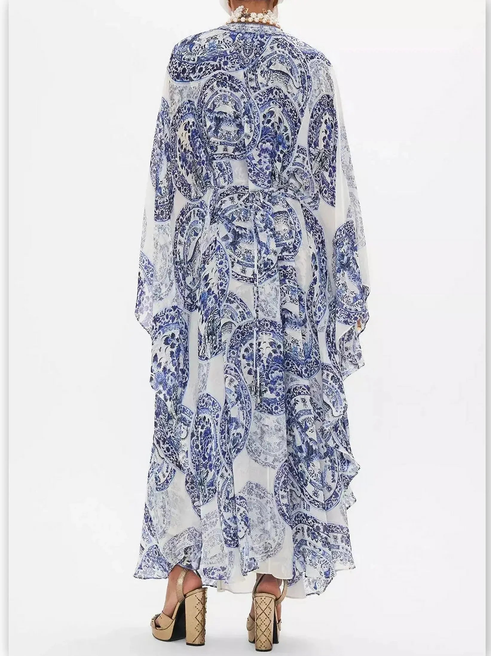 Blue and White Porcelain Print V-Neck Silk Kaftan Dress - Dresses