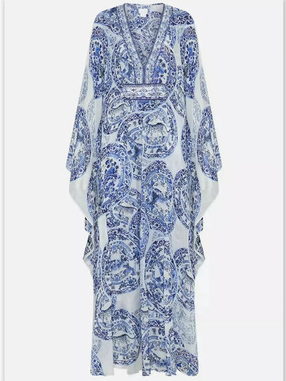 Blue and White Porcelain Print V-Neck Silk Kaftan Dress - Dresses