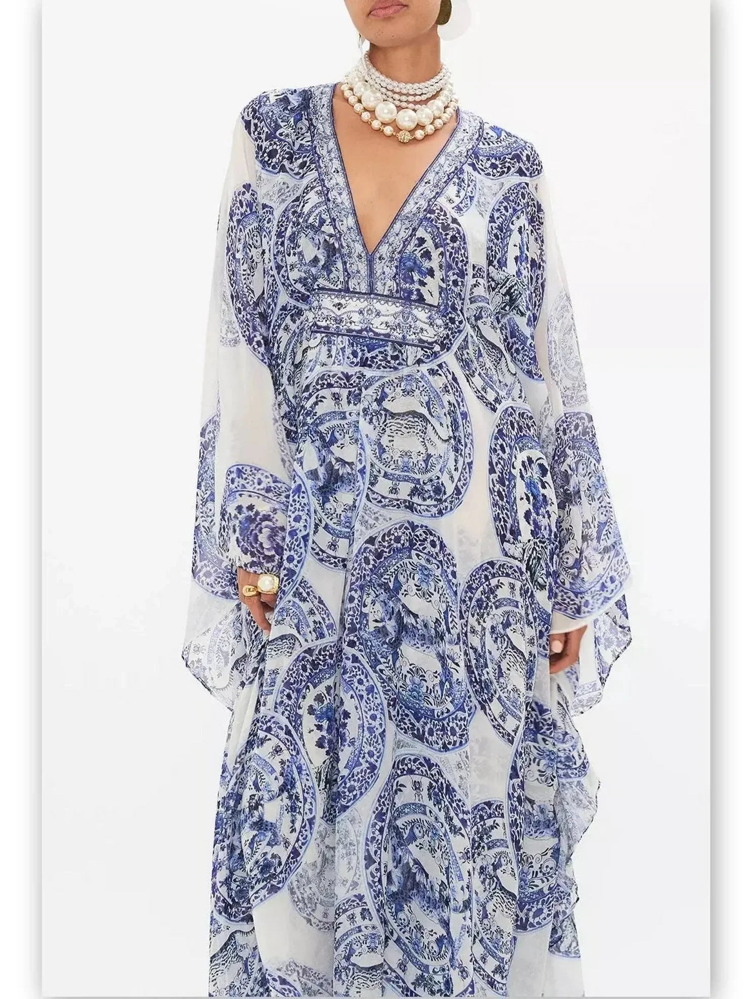 Blue and White Porcelain Print V-Neck Silk Kaftan Dress - Dresses
