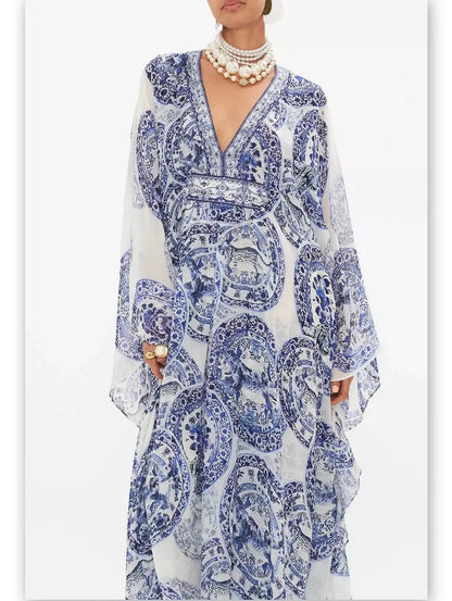 Blue and White Porcelain Print V-Neck Silk Kaftan Dress - Dresses