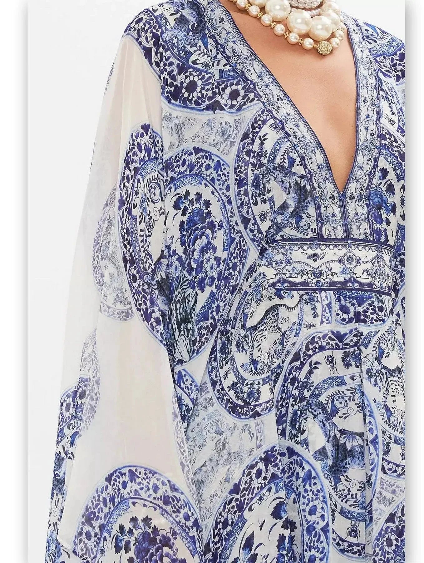 Blue and White Porcelain Print V-Neck Silk Kaftan Dress - Dresses