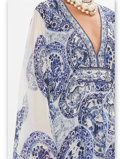 Blue and White Porcelain Print V-Neck Silk Kaftan Dress - Dresses