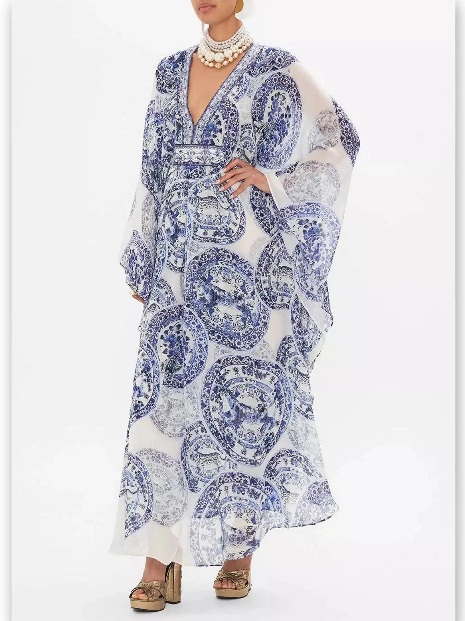 Blue and White Porcelain Print V-Neck Silk Kaftan Dress - Dresses