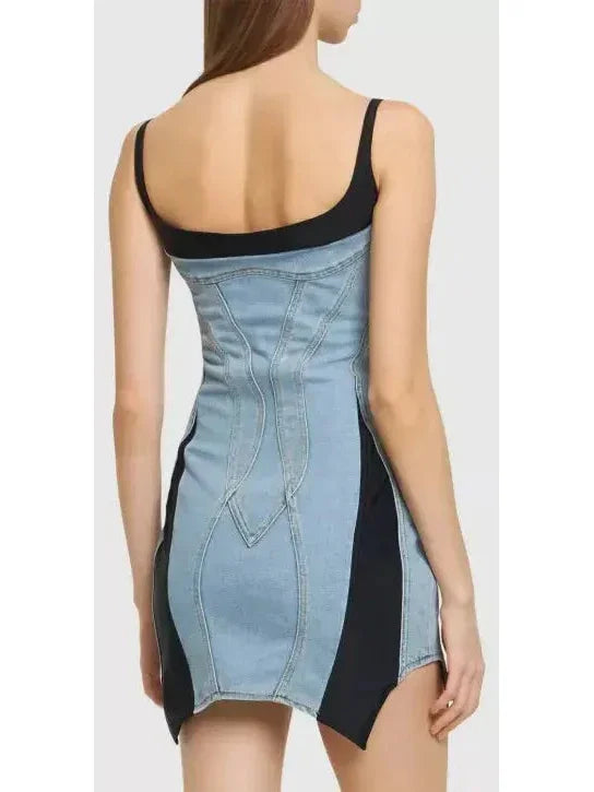 Blue & Black Paneled Denim Mini Dress - Dresses