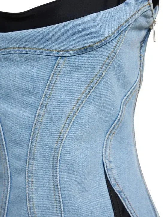 Blue & Black Paneled Denim Mini Dress - Dresses