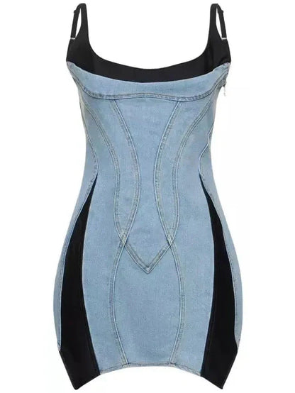 Blue & Black Paneled Denim Mini Dress - Dresses