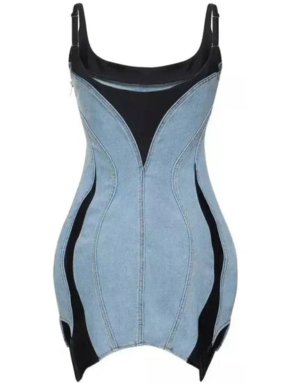 Blue & Black Paneled Denim Mini Dress - Dresses