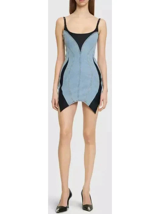 Blue & Black Paneled Denim Mini Dress - Dresses